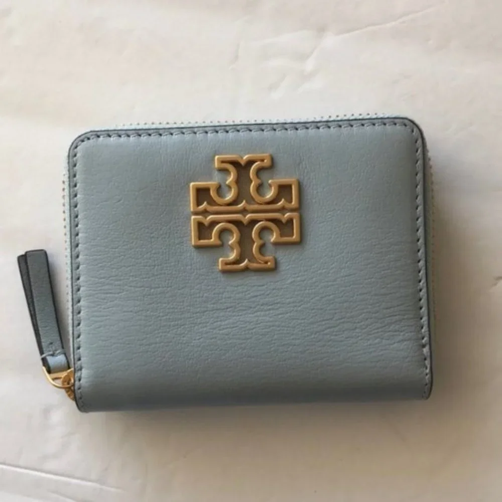 Tory Burch Britten Textured Leather Medium Blue Zip Around Wallet